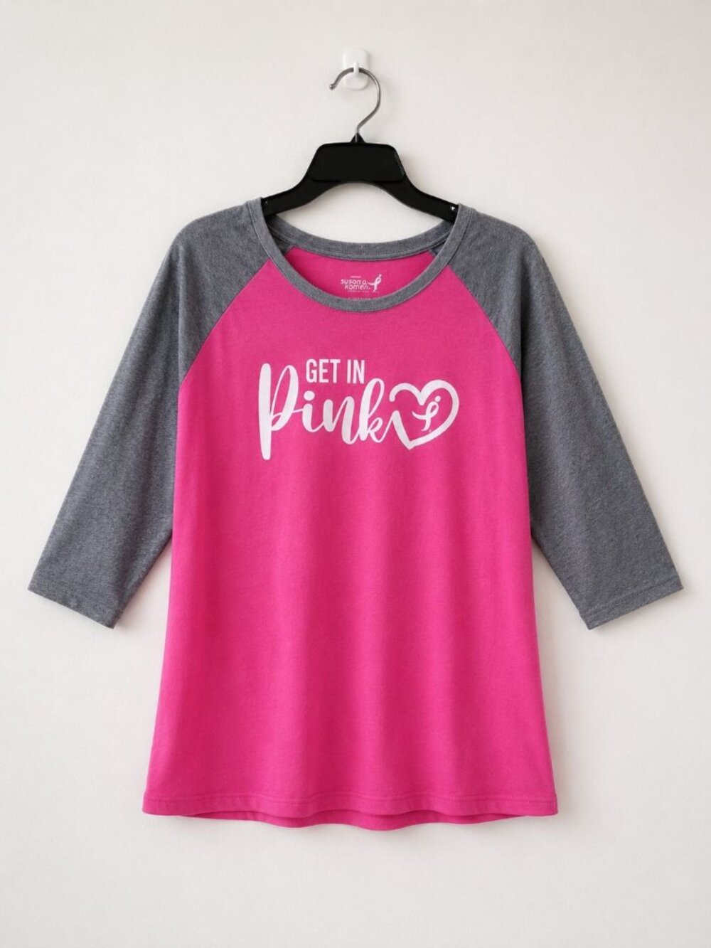 NWT Susan G Komen Get In Pink Raglan Tee Shirt Gray Pink 3/4 Sleeve Women's XL